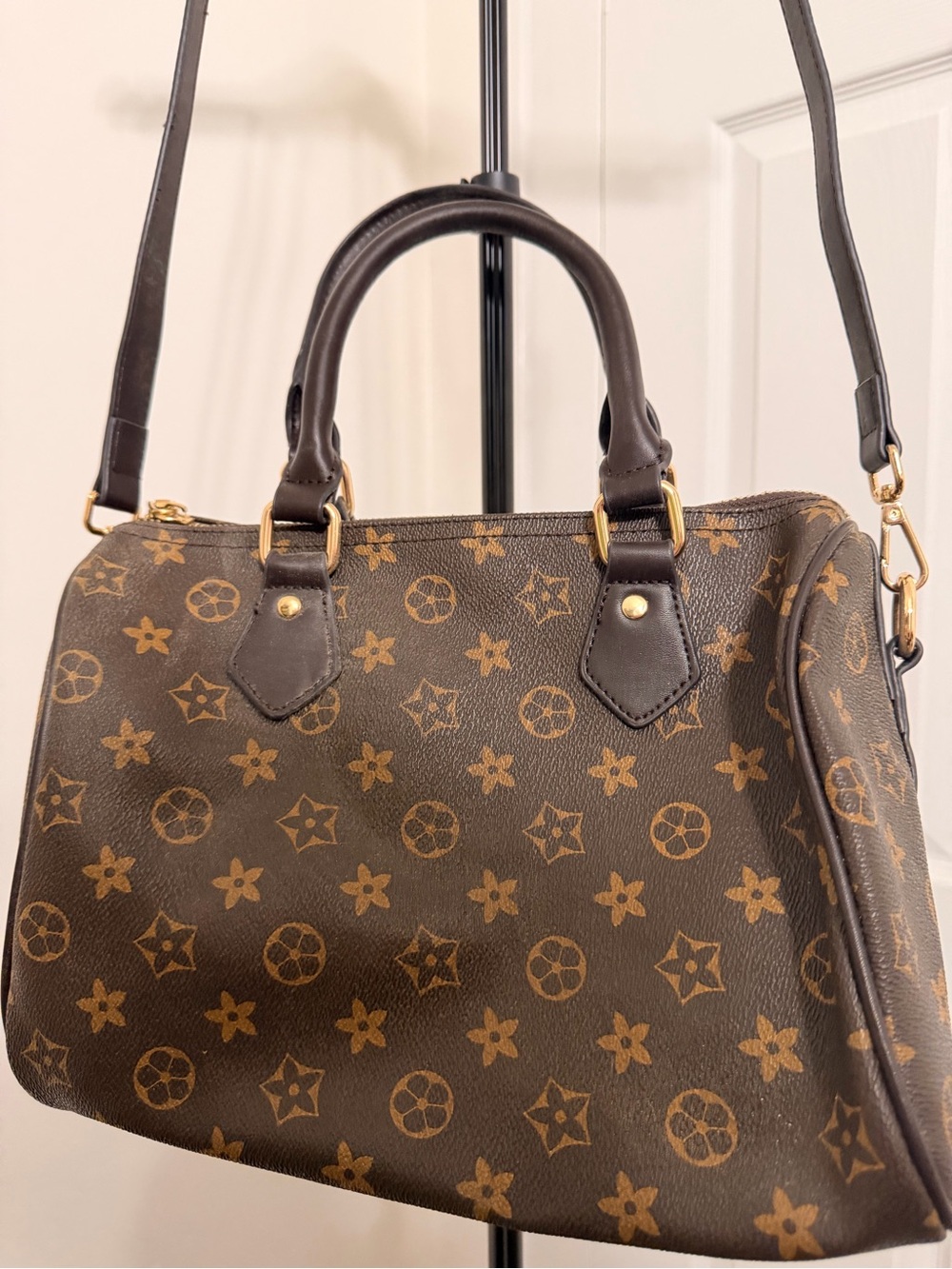 Brown Monogram-Style Top-Handle Satchel with Adjustable Strap - Picture 2 of 6